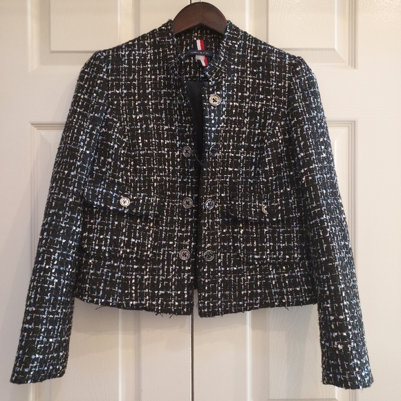 NWOT  Tommy Hilfiger tweed cropped blazer, size 2, navy, white, silver - Picture 1 of 11